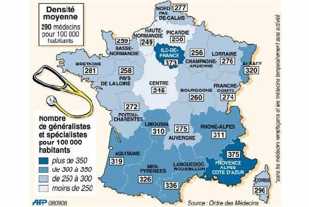 Répartition inégale du nombre de médecins en France en 2009
