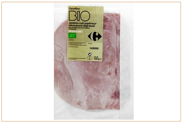 Rappel de barquettes de jambon cuit supérieur de marque Carrefour Bio